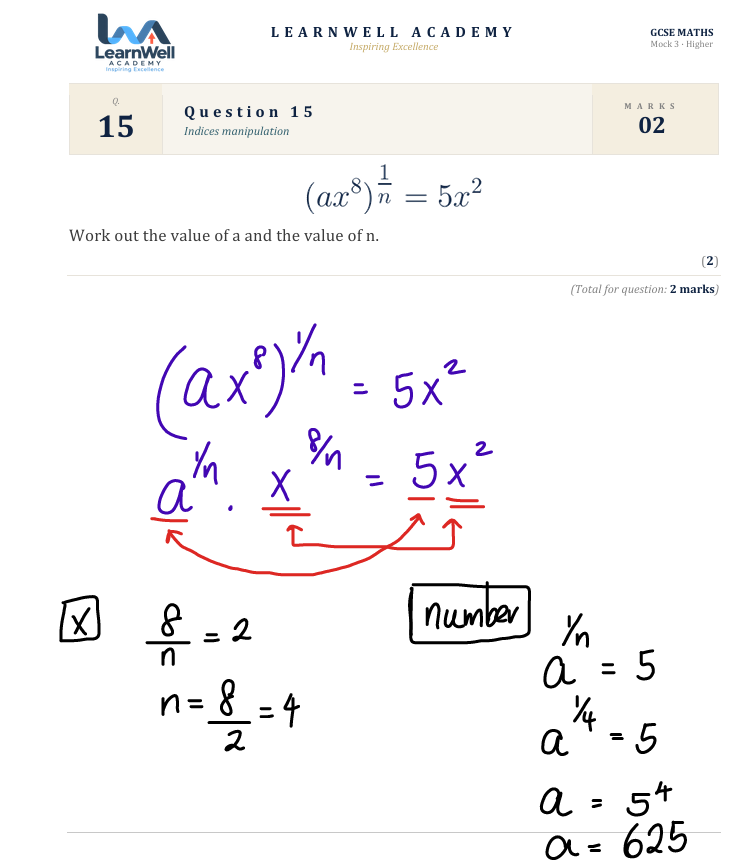Handwritten LearnWell Maths workings explaining an indices question