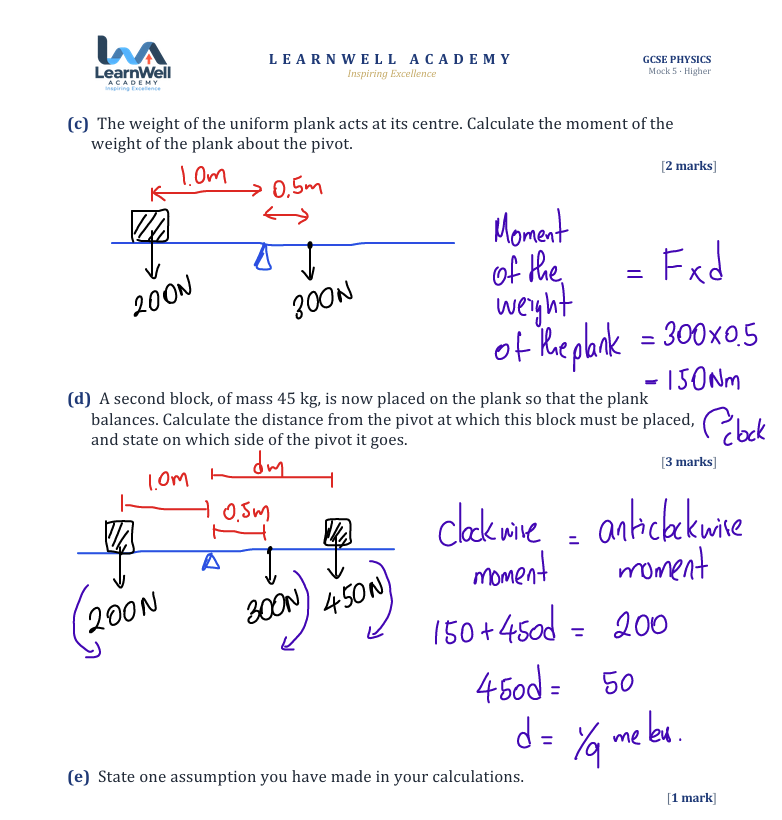 Physics mock paper with handwritten calculations about moments and a balanced plank