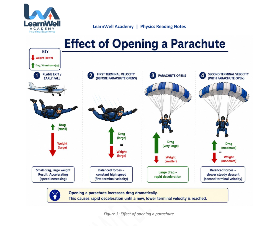 Clearly annotated Physics notes explaining drag, weight and terminal velocity when a parachute opens