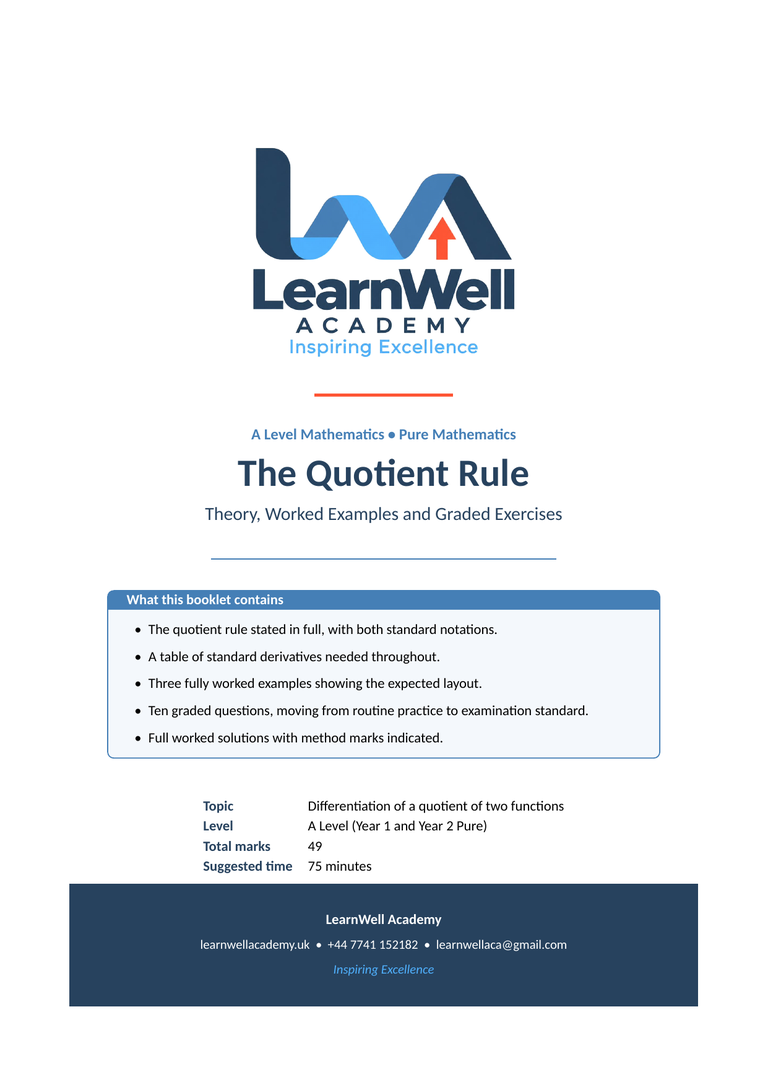 A Level Mathematics Quotient Rule booklet cover